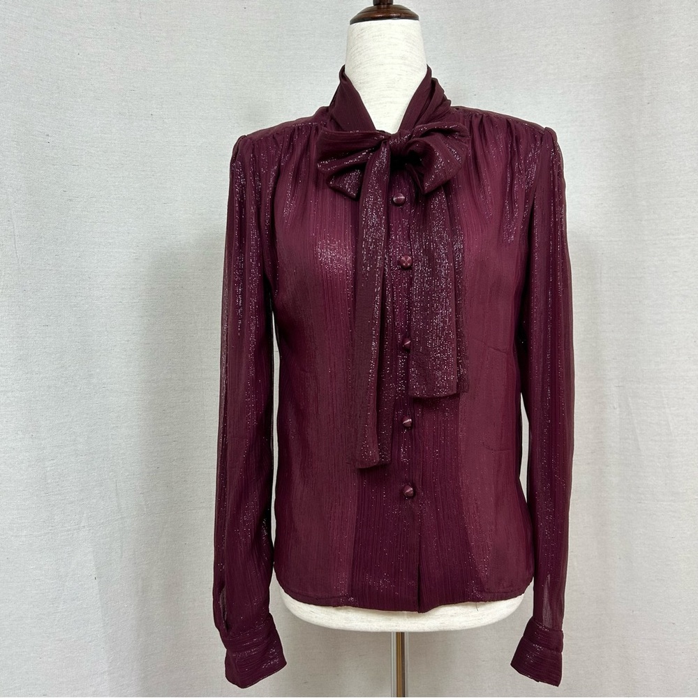 JL SCHERRER Boutique Paris Authentic Vintage Burgundy Metallic Tie Neck Blouse